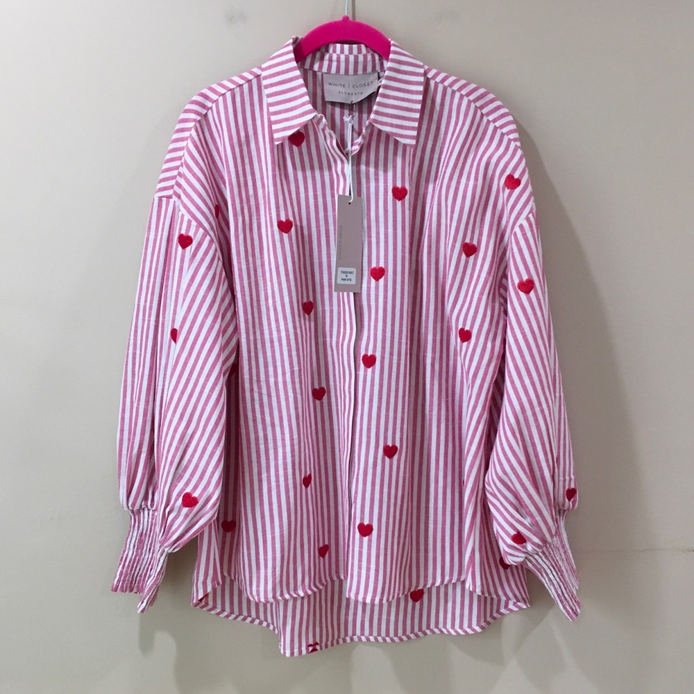 White Closet Elements Kaylee Heart Stripe Tunic Shirt Top Pink White Womens m